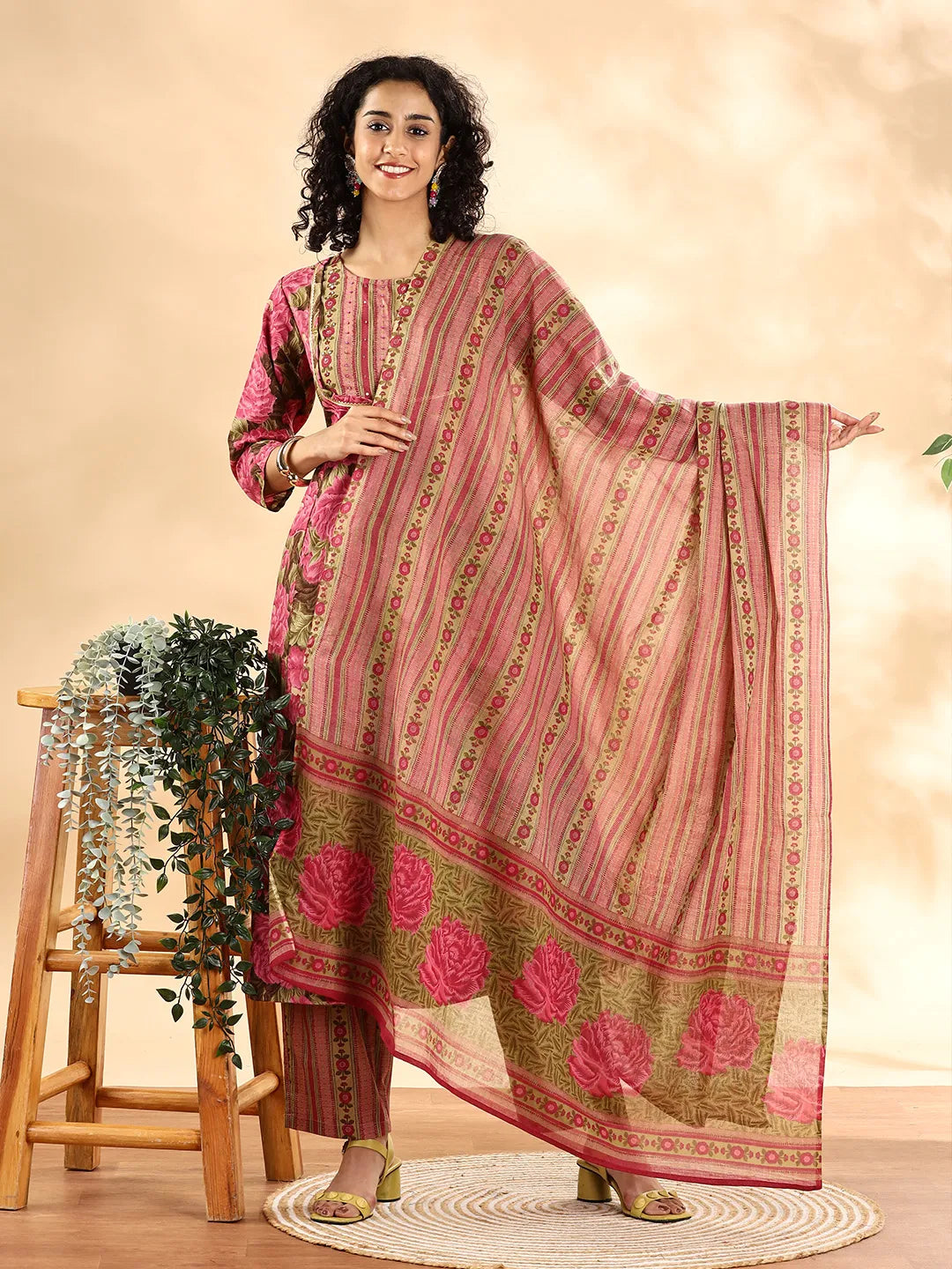 Yufta Pink Floral Print Sequins Work Anarkali Kurta And Trouser With Dupatta Set - Distacart