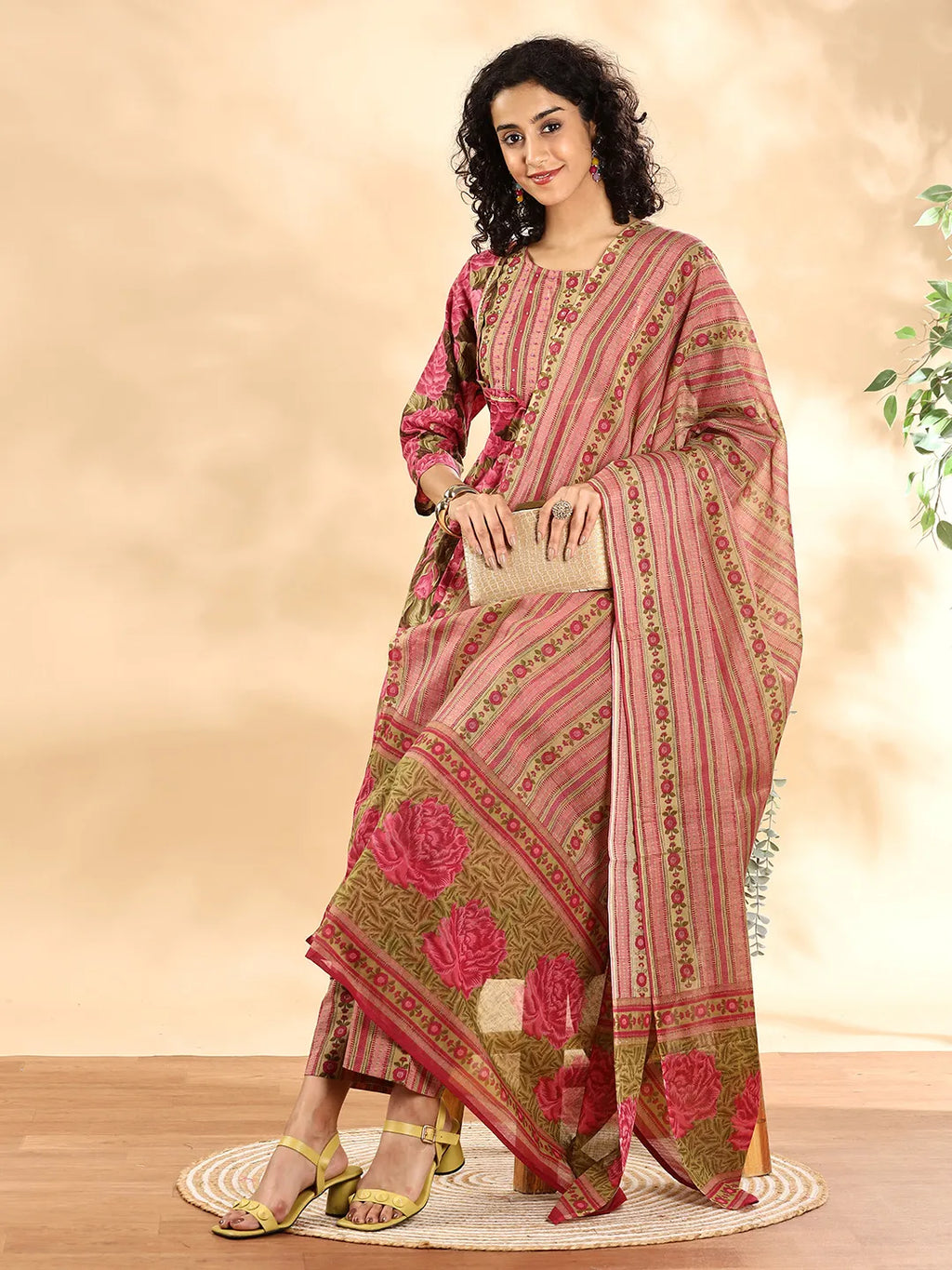 Yufta Pink Floral Print Sequins Work Anarkali Kurta And Trouser With Dupatta Set - Distacart
