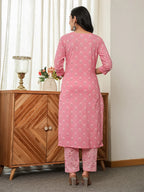 Yufta Pink Floral Thread Work Straight Kurta Trouser Dupatta Set - Distacart