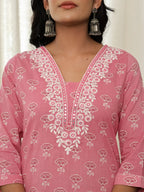 Yufta Pink Floral Thread Work Straight Kurta Trouser Dupatta Set - Distacart