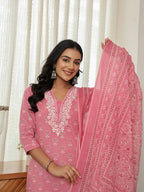 Yufta Pink Floral Thread Work Straight Kurta Trouser Dupatta Set - Distacart