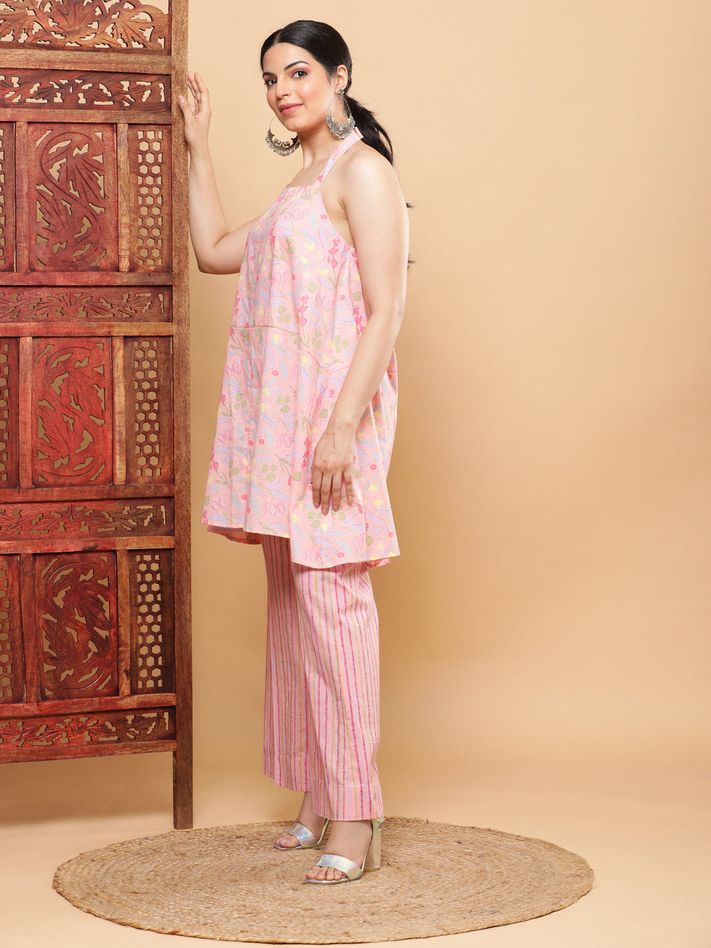 BohoJazz Pink Vacay Halter Top with Comfort Pants Co-ord Set - Distacart