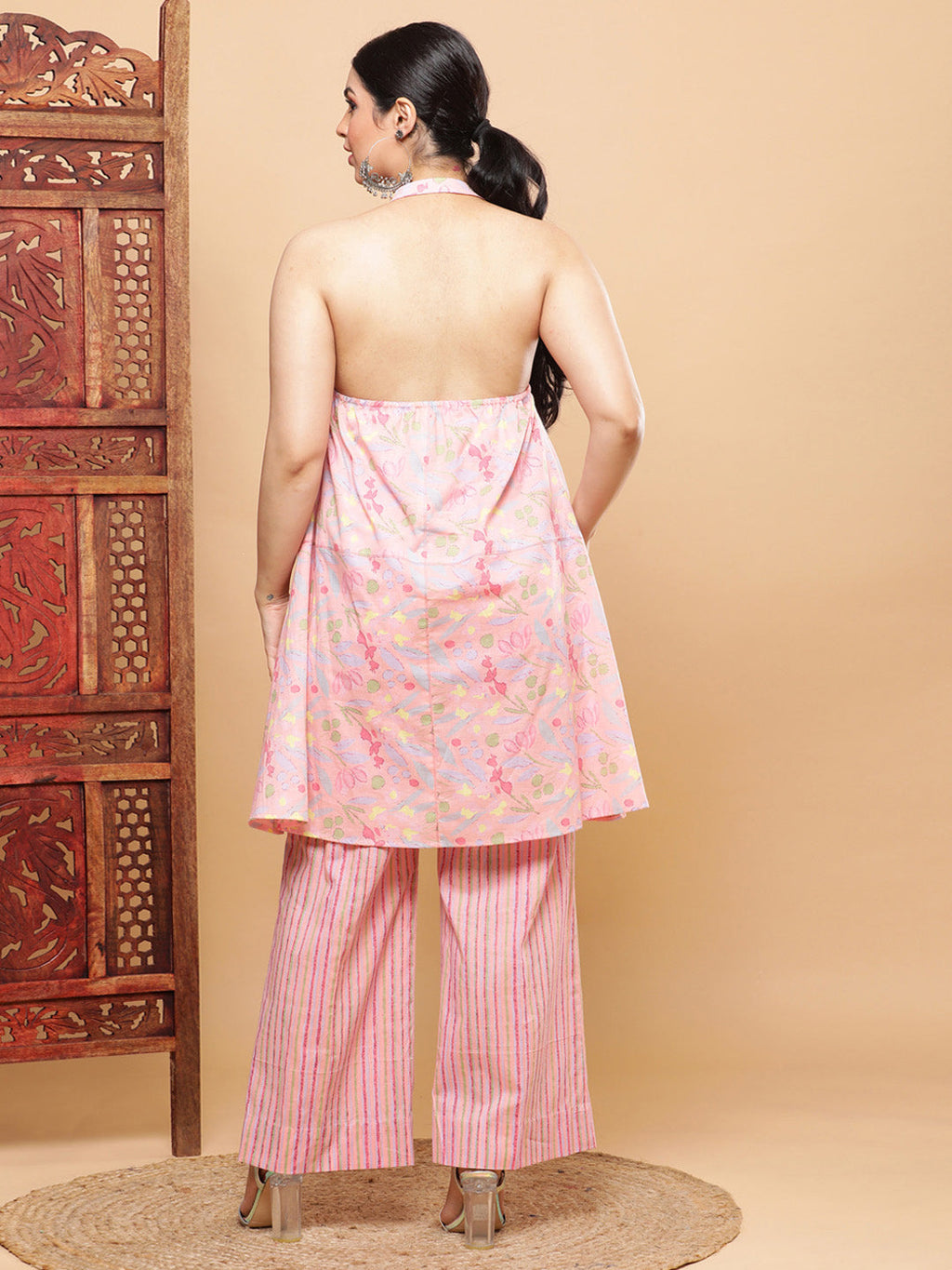 BohoJazz Pink Vacay Halter Top with Comfort Pants Co-ord Set - Distacart