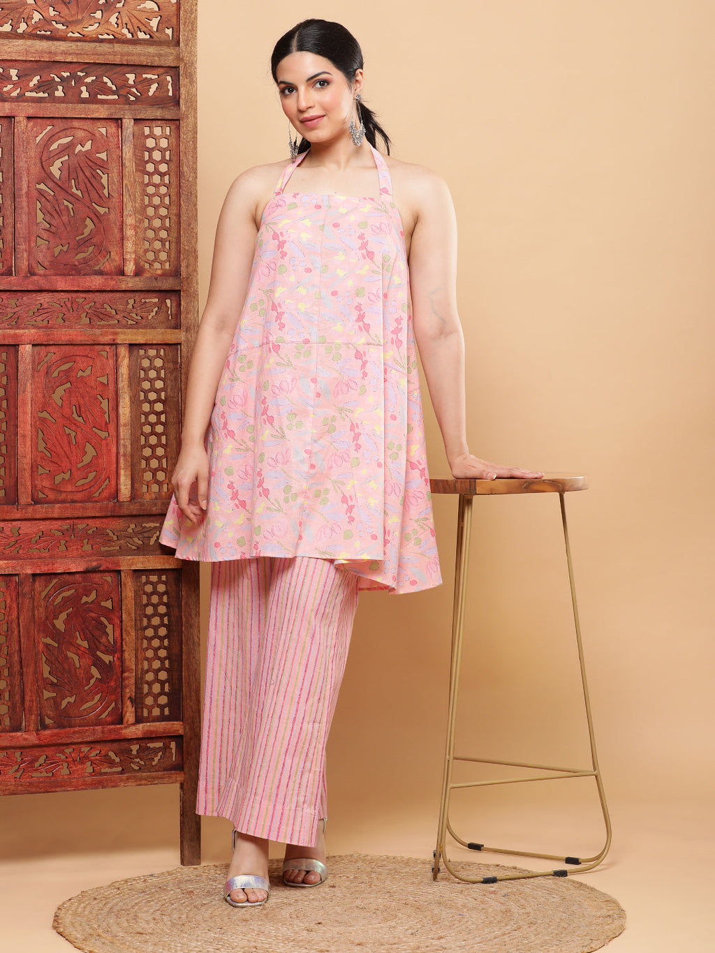 BohoJazz Pink Vacay Halter Top with Comfort Pants Co-ord Set - Distacart
