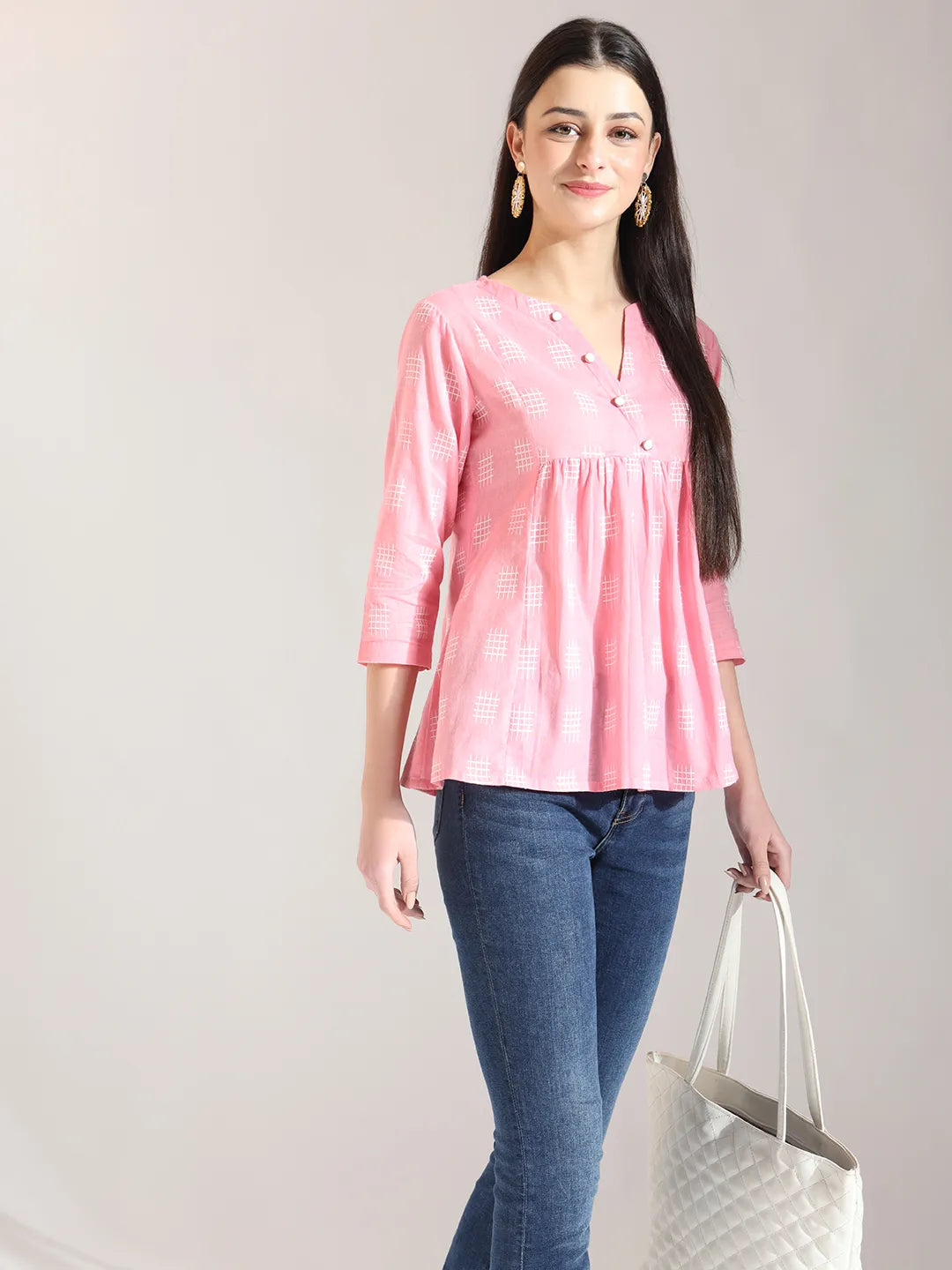 Yufta Pink Handloom Cotton Gathered Or Pleated Top