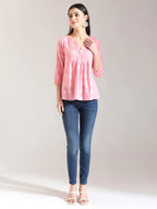 Yufta Pink Handloom Cotton Gathered Or Pleated Top