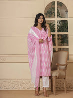 Yufta Pink Ikat Print Straight Strappy Kurta Trouser And Dupatta Set