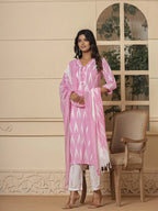 Yufta Pink Ikat Print Straight Strappy Kurta Trouser And Dupatta Set