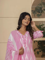Yufta Pink Ikat Print Straight Strappy Kurta Trouser And Dupatta Set