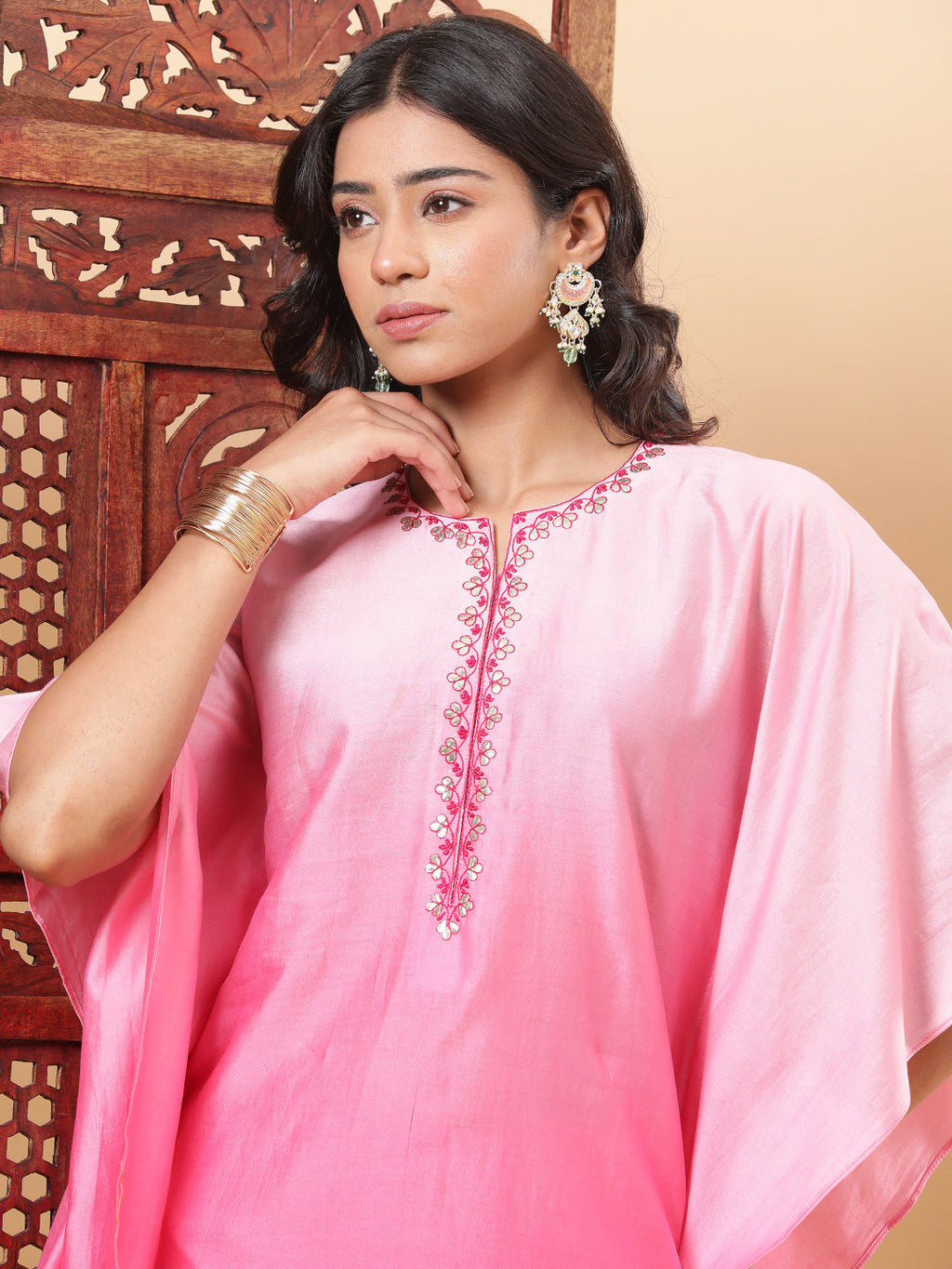 BohoJazz Pink Ombre Embroidered Kaftan with Pants - Distacart