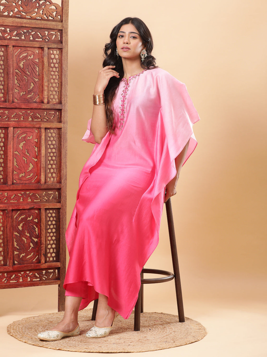 BohoJazz Pink Ombre Embroidered Kaftan with Pants - Distacart