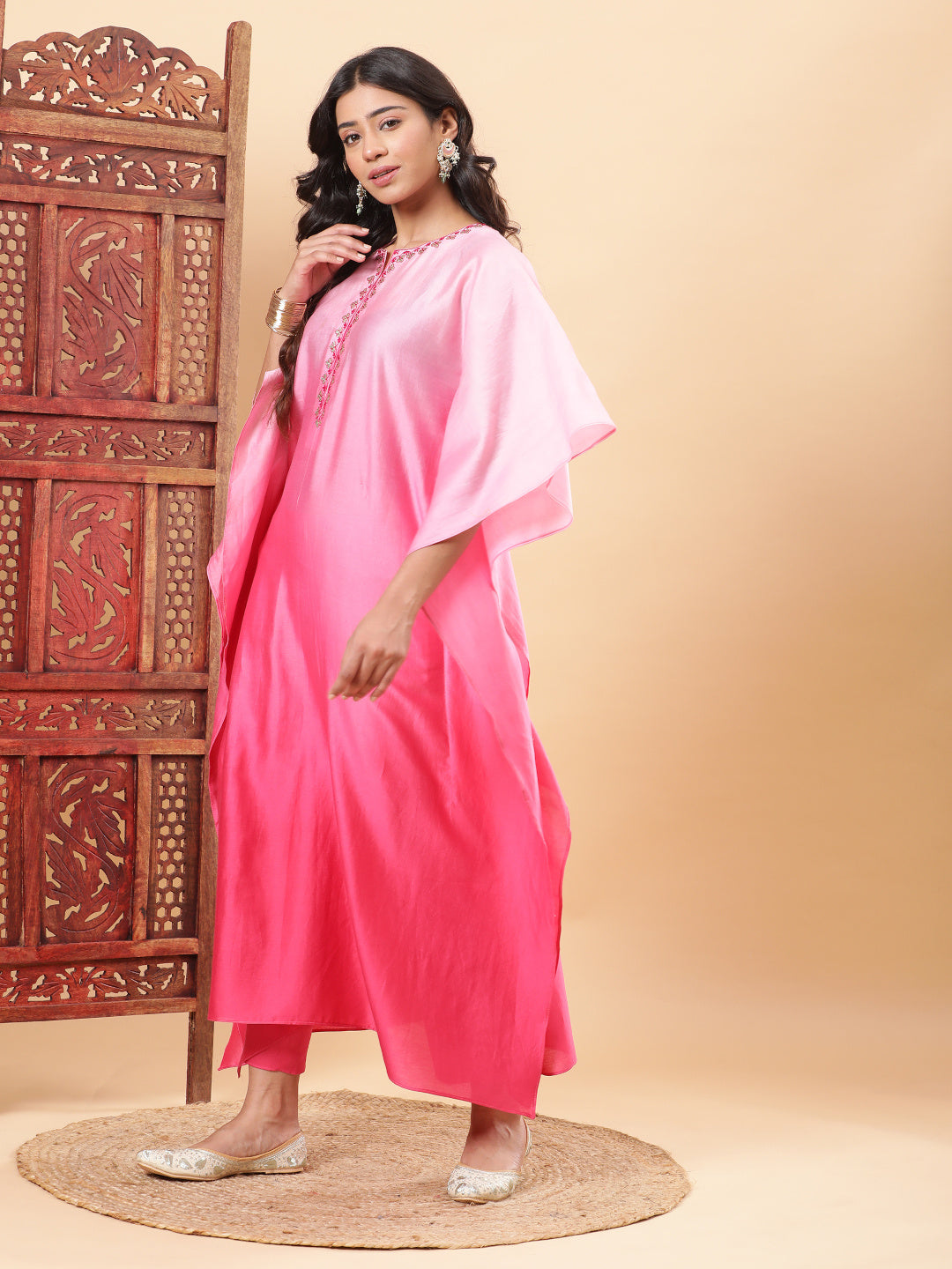 BohoJazz Pink Ombre Embroidered Kaftan with Pants - Distacart