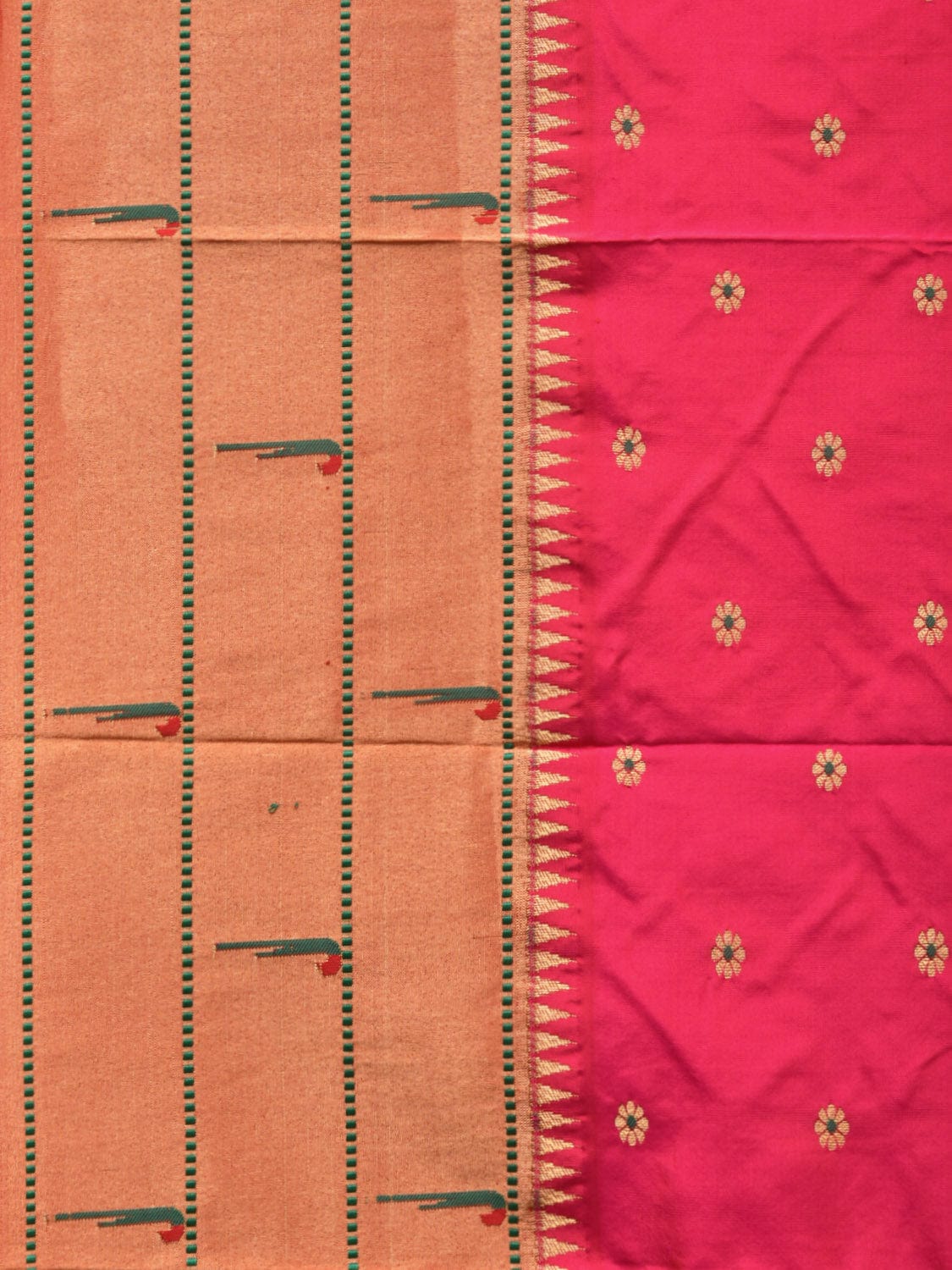 Pink Paithani Silk Handloom Saree with Triple Muniya Border Design - Global Threads