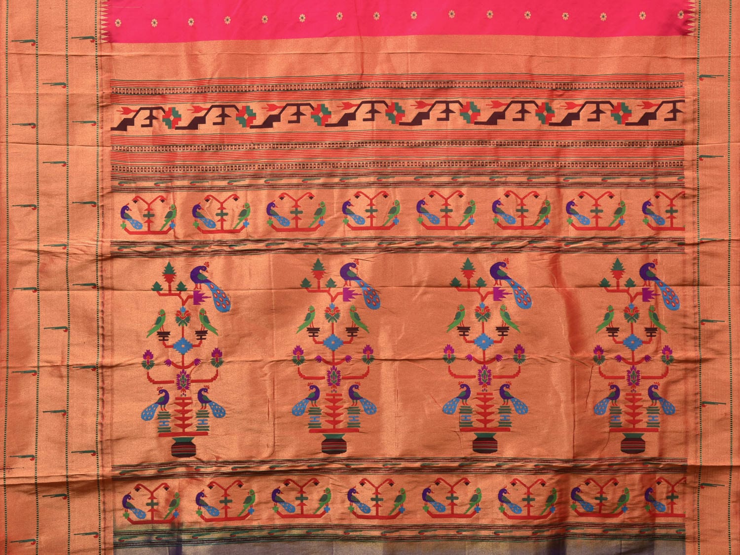 Pink Paithani Silk Handloom Saree with Triple Muniya Border Design - Global Threads