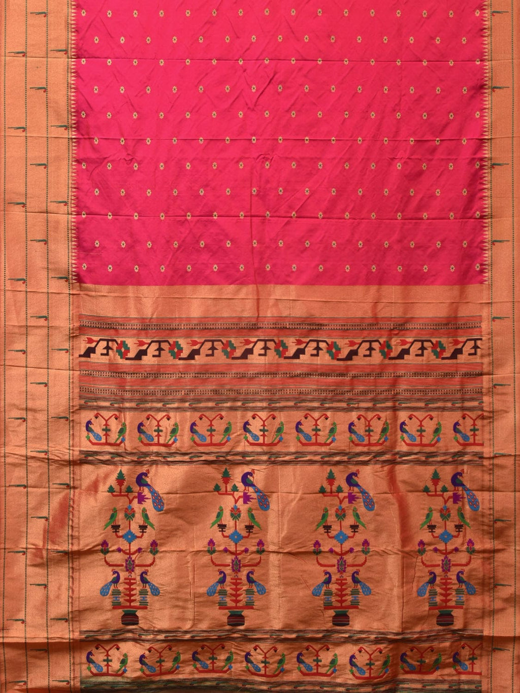 Pink Paithani Silk Handloom Saree with Triple Muniya Border Design - Global Threads