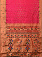 Pink Paithani Silk Handloom Saree with Triple Muniya Border Design - Global Threads