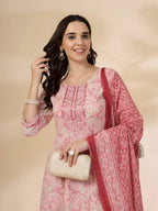 Yufta Pink Pure Cotton Anarkali Dupatta Pant Set