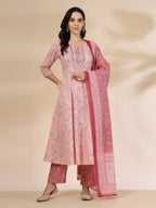 Yufta Pink Pure Cotton Anarkali Dupatta Pant Set