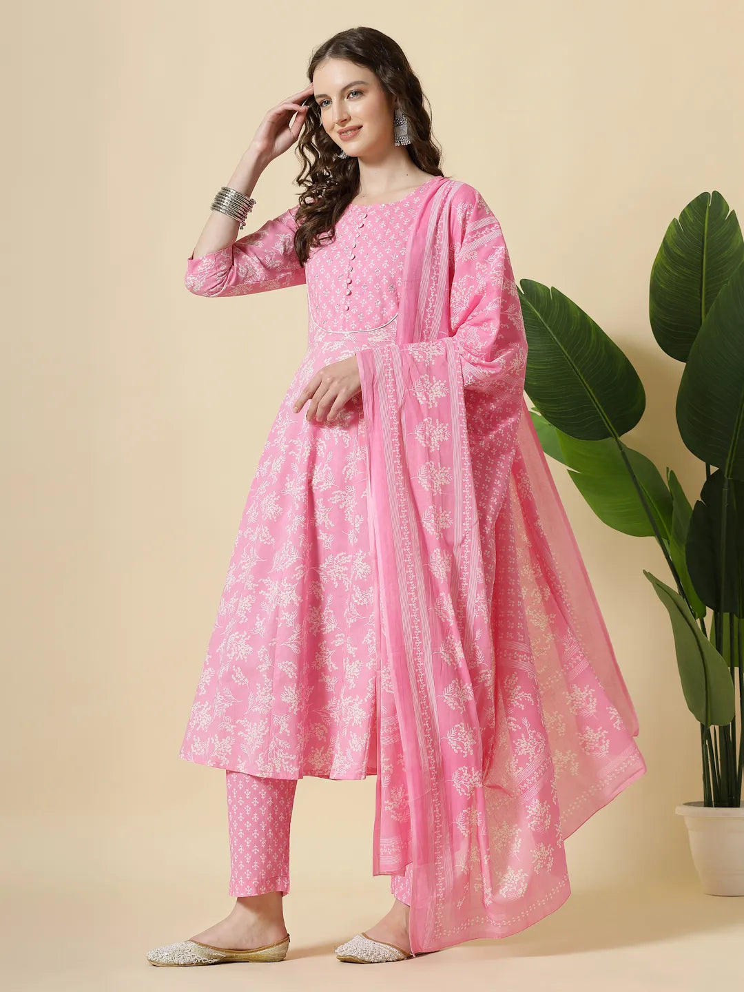 Yufta Pink Pure Cotton Anarkali Piping Kurta Dupatta Pant Set