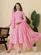 Yufta Pink Pure Cotton Anarkali Piping Kurta Dupatta Pant Set