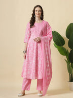 Yufta Pink Pure Cotton Anarkali Piping Kurta Dupatta Pant Set