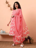 Yufta Pink Pure Cotton Ethnic Motifs Straight Kurta Pant Set