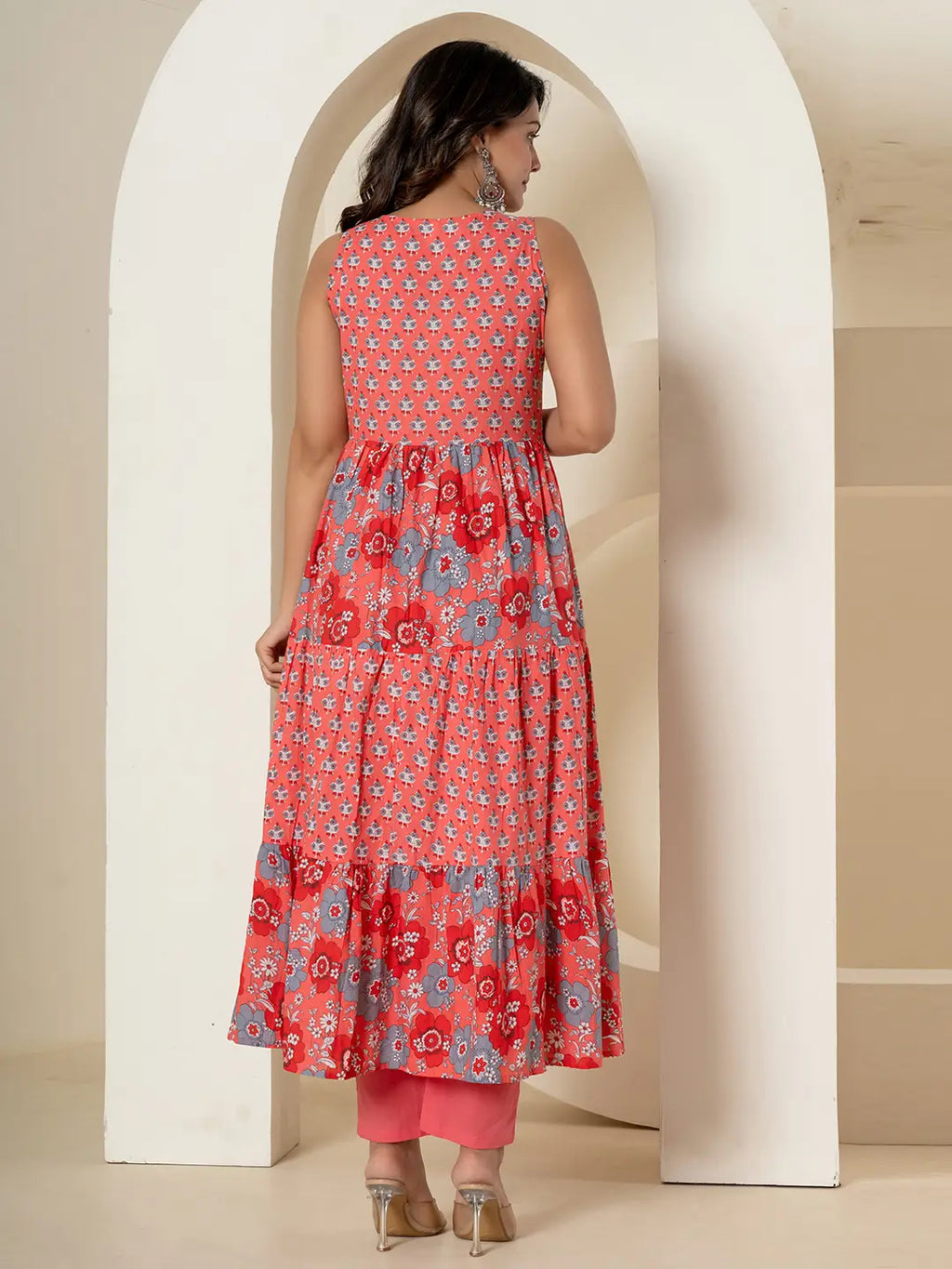 Yufta Pink Pure Cotton Fit And Flare Tiered Kurta Trouser & Dupatta Set