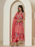 Yufta Pink Pure Cotton Fit And Flare Tiered Kurta Trouser & Dupatta Set