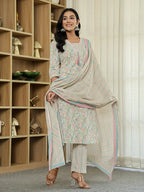 Yufta Pink Pure Cotton Floral Print Kurta Dupatta Pant Set - Distacart