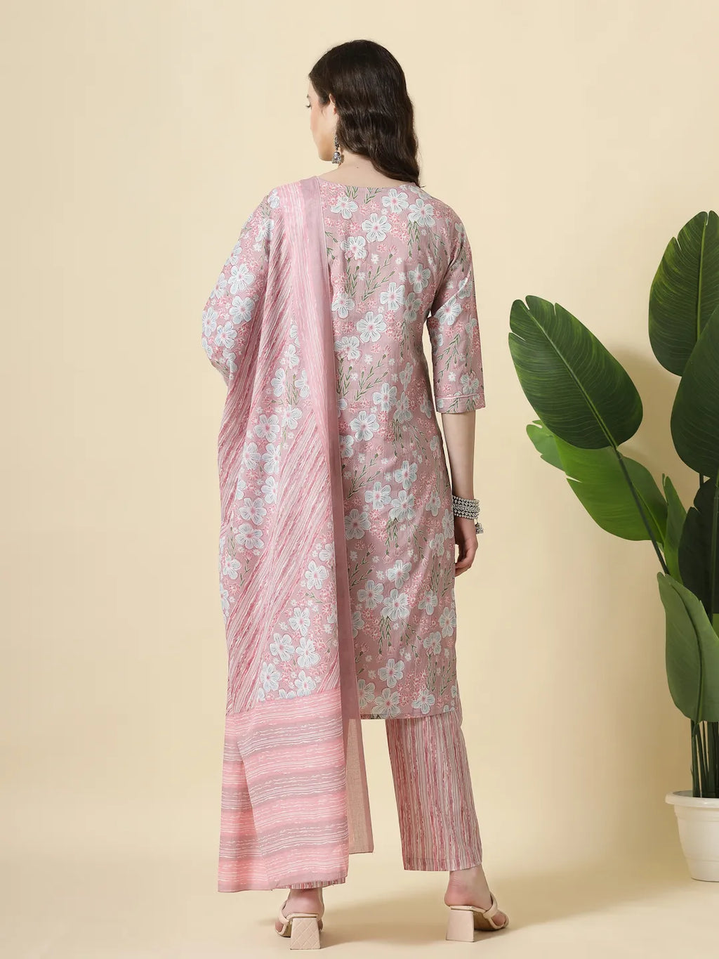 Yufta Pink Pure Cotton Floral Print Thread Work Kurta Set With Pant & Dupatta