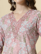 Yufta Pink Pure Cotton Floral Print Thread Work Kurta Set With Pant & Dupatta