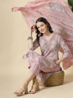 Yufta Pink Pure Cotton Floral Print Thread Work Kurta Set With Pant & Dupatta