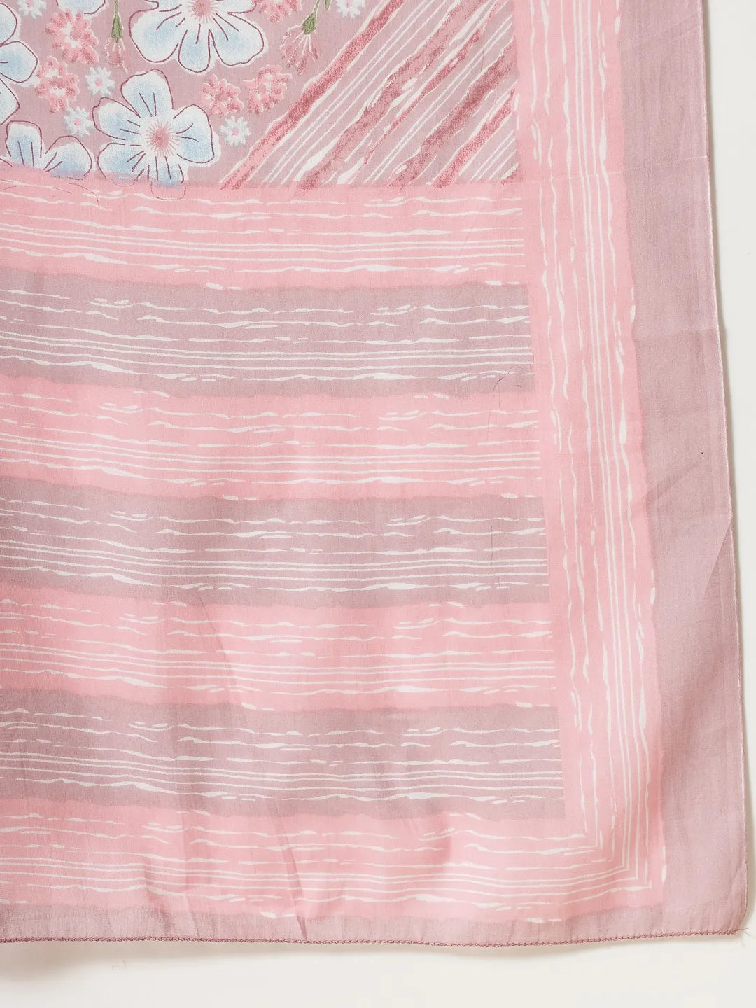 Yufta Pink Pure Cotton Floral Print Thread Work Kurta Set With Pant & Dupatta