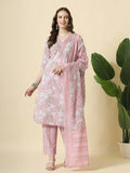Yufta Pink Pure Cotton Floral Print Thread Work Kurta Set With Pant & Dupatta
