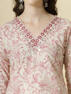 Yufta Pink Pure Cotton PaisleyThread Work Kurta Dupatta Pant Set