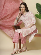 Yufta Pink Pure Cotton PaisleyThread Work Kurta Dupatta Pant Set