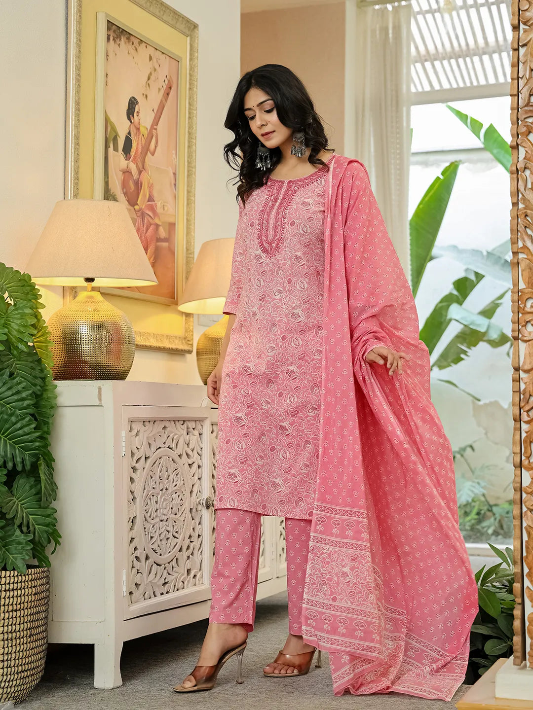 Yufta Pink Pure Cotton Thread Work Sequins Work Kurta Dupatta Pant Set