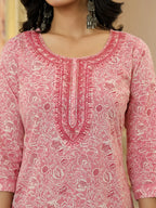 Yufta Pink Pure Cotton Thread Work Sequins Work Kurta Dupatta Pant Set