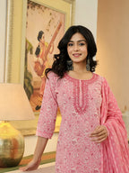 Yufta Pink Pure Cotton Thread Work Sequins Work Kurta Dupatta Pant Set