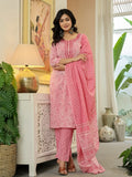 Yufta Pink Pure Cotton Thread Work Sequins Work Kurta Dupatta Pant Set