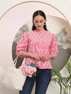 Yufta Pink Pure Cotton Top With Lace Detailings