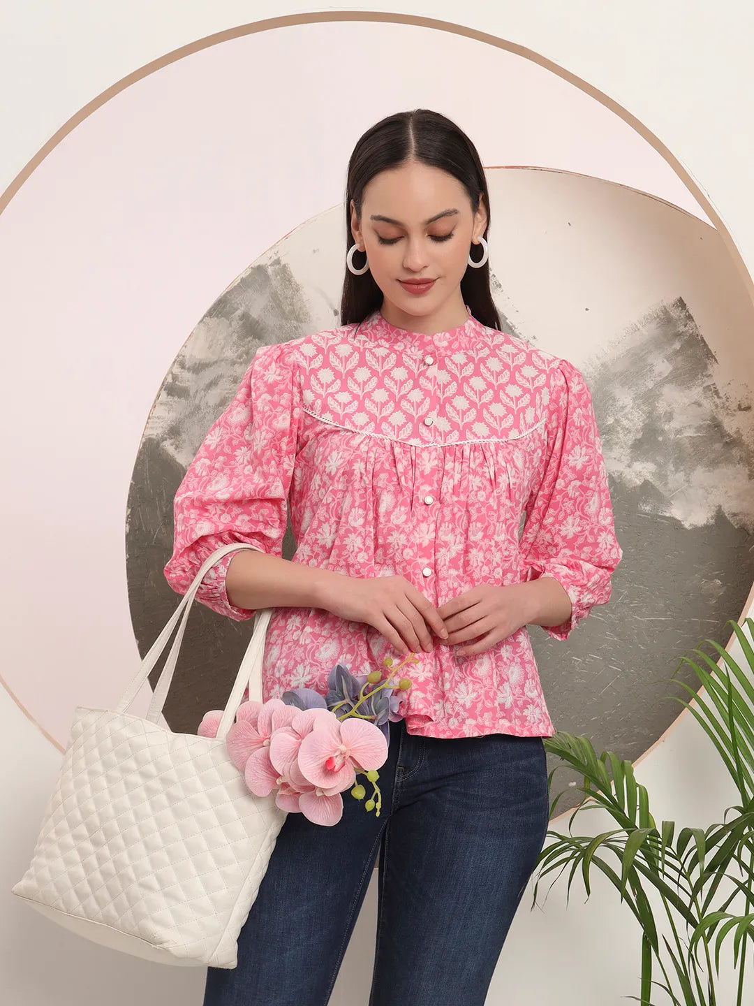 Yufta Pink Pure Cotton Top With Lace Detailings
