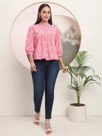 Yufta Pink Pure Cotton Top With Lace Detailings