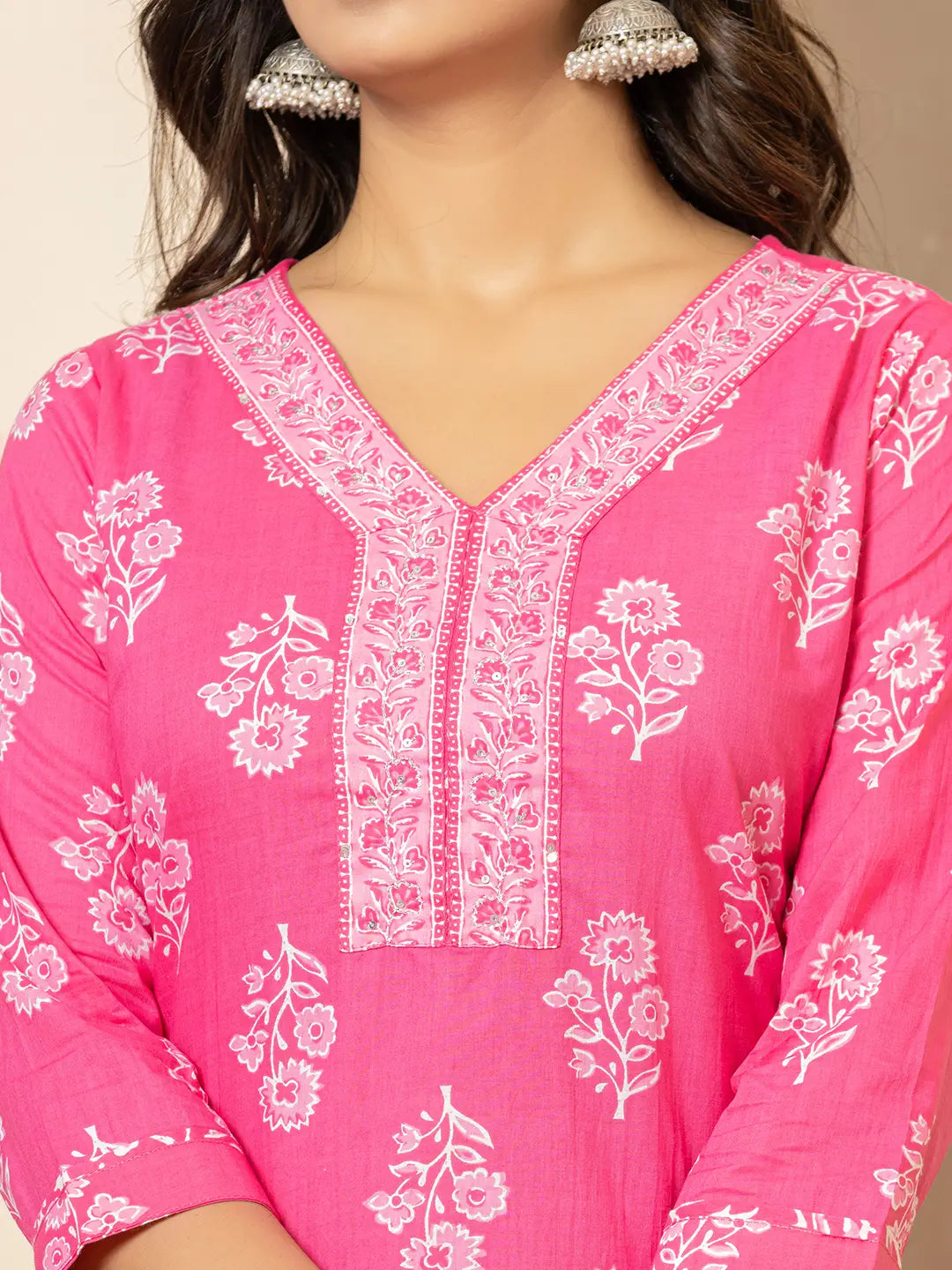 Yufta Pink Sequins_Work Pure Cotton Straight Kurta Dupatta Set