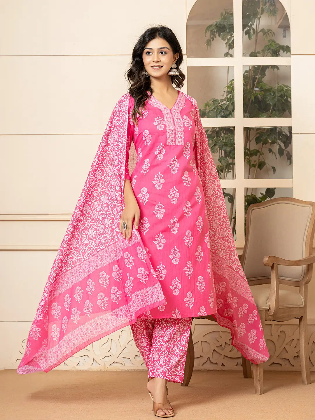 Yufta Pink Sequins_Work Pure Cotton Straight Kurta Dupatta Set