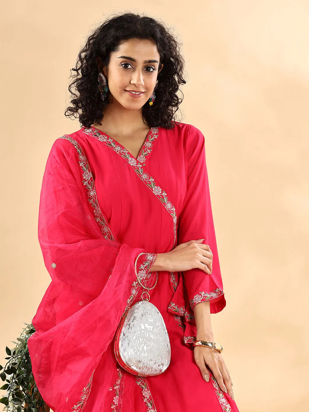 Yufta Pink Silk Embroidered Angrakha Kurta Pant Set With Organza Dupatta Set - Distacart