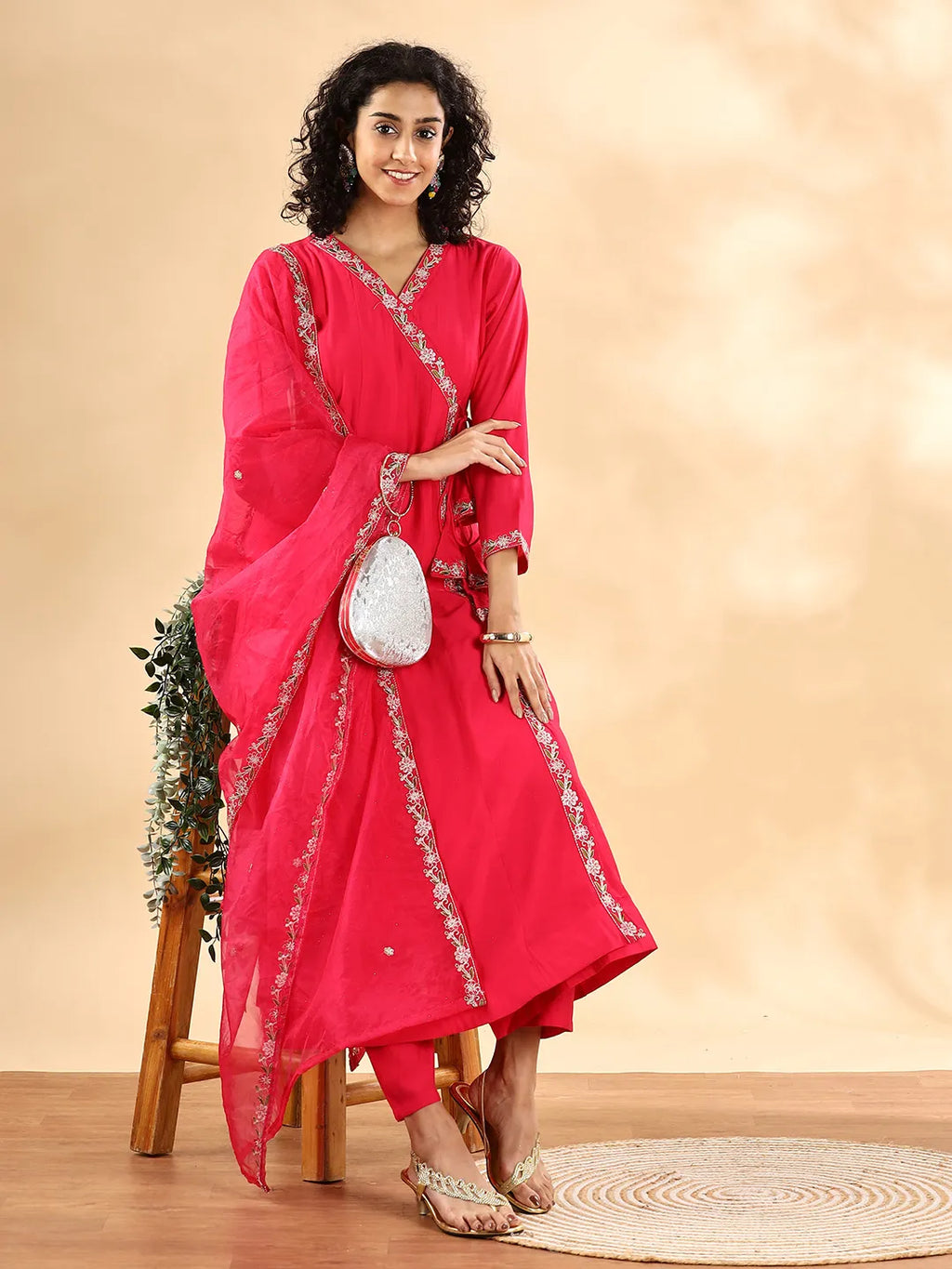 Yufta Pink Silk Embroidered Angrakha Kurta Pant Set With Organza Dupatta Set - Distacart
