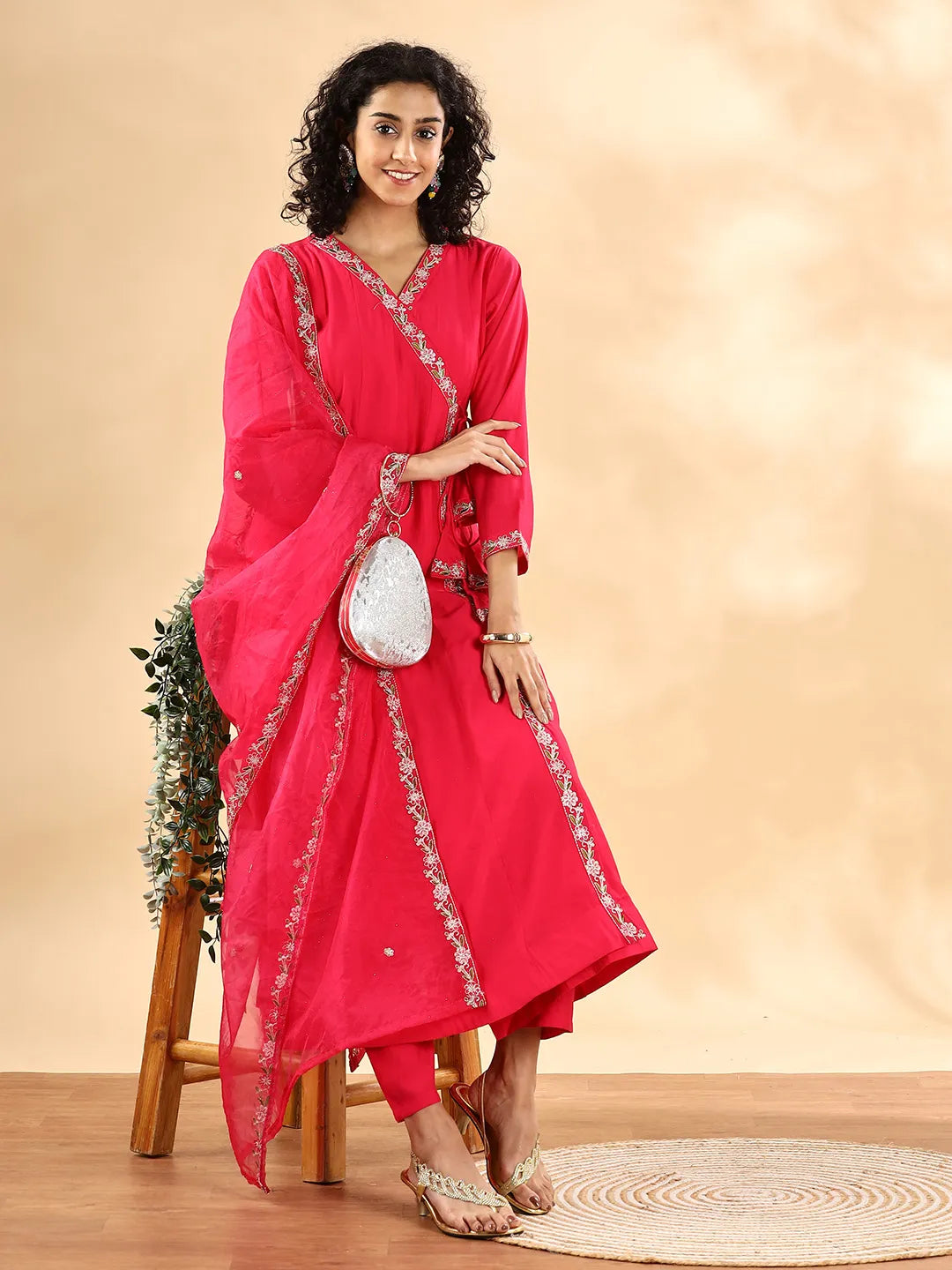 Yufta Pink Silk Embroidered Angrakha Kurta Pant Set With Organza Dupatta Set - Distacart