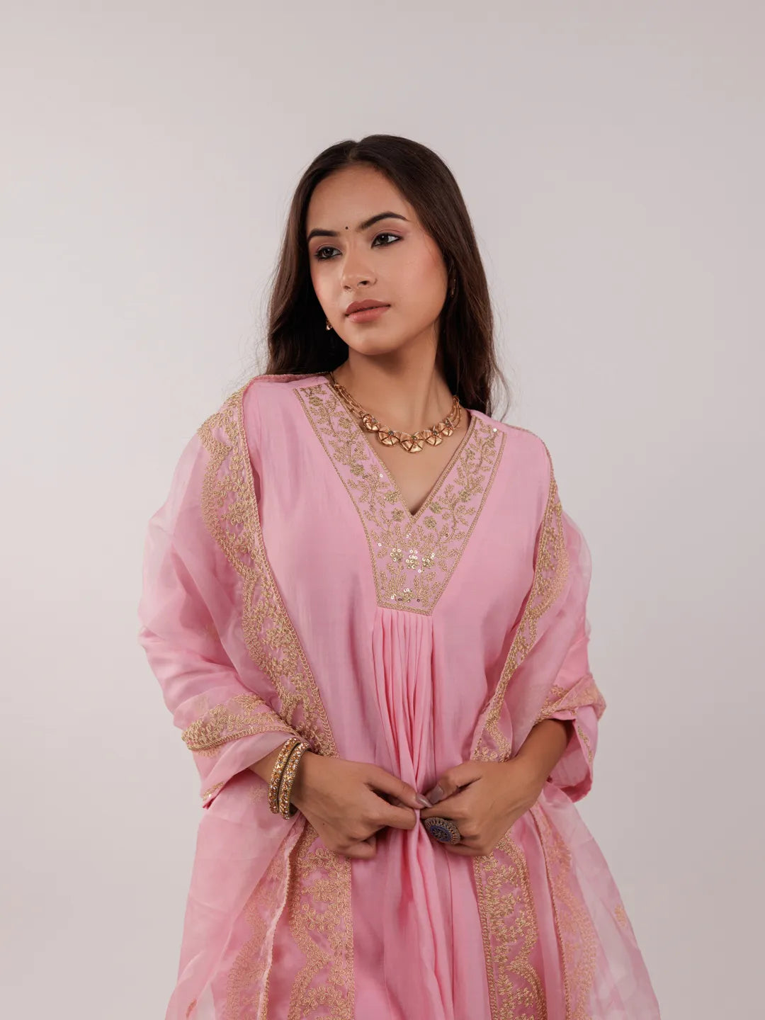 Yufta Pink Silk Embroidered Kurta Dupatta Set