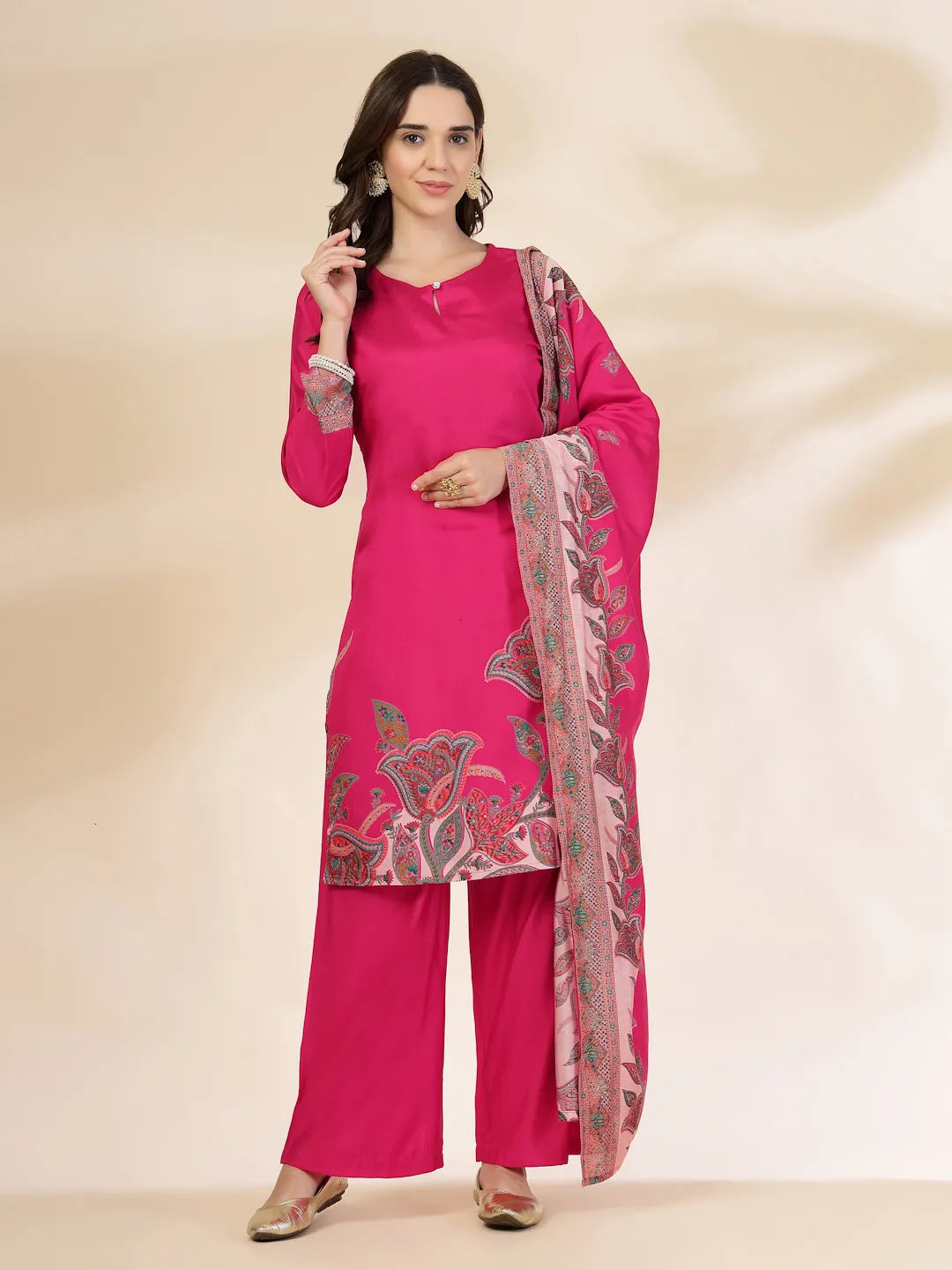 Yufta Pink Silk Straight Kurta With Palazzo Dupatta Set - Distacart
